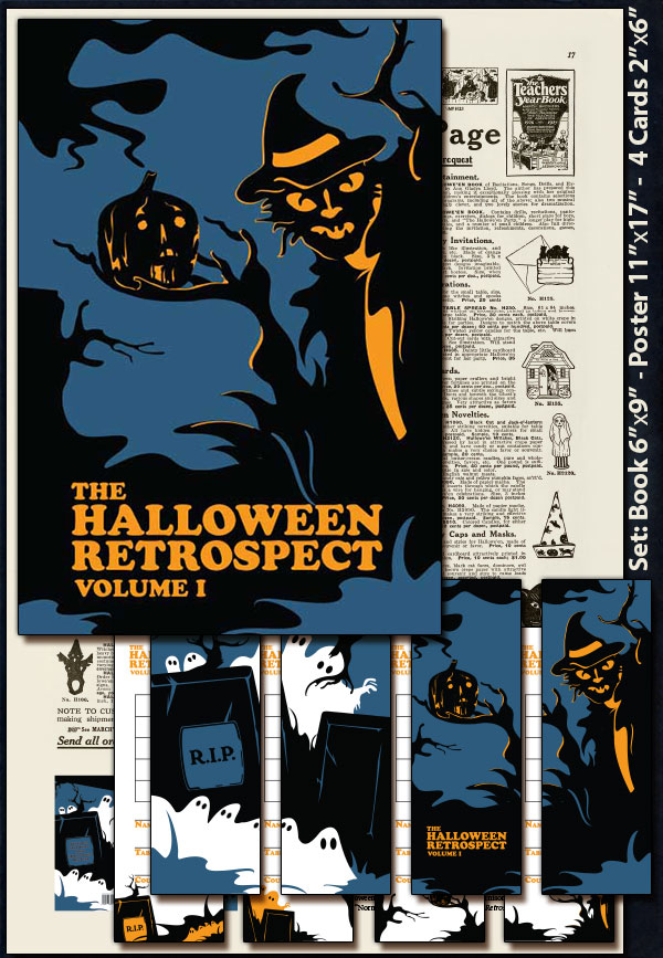 Full package of book plus inserts including poster and tally cards come with Volume 1 of The Halloween Retrospect - the new digest reference of antique and vintage Halloween collectibles.