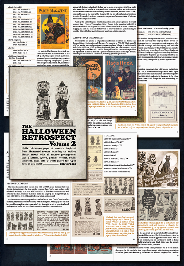 Page samples of antique and vintage Halloween collector research featuring Dennison, Shackman, Rosen, and more in Volume 2, The Halloween Retrospect guidebook series for collectibles of autumn's past.