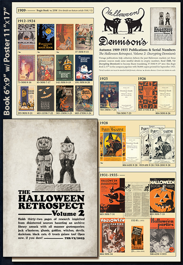 Dennison Bogie Books, Party Magazine, Parties, The Halloween Book, and more including price lists are shown on this guidebook poster included with Volume 2 of the new book series The Halloween Retrospect.