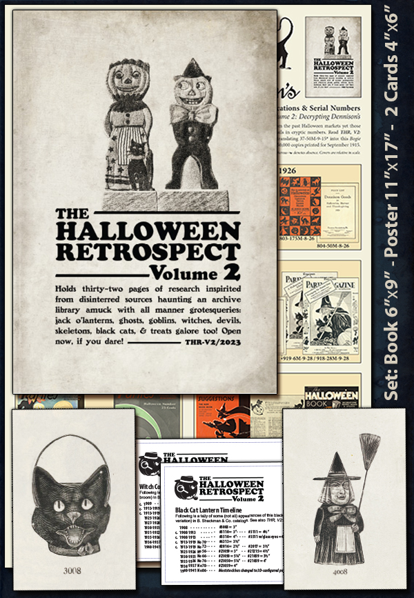 Postcards, poster and book cover - a package set with this new antique and vintage Halloween collectibles guide book reference named The Halloween Retrospect, Volume 2.