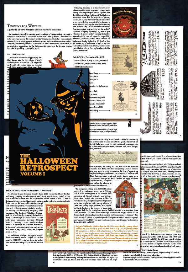 New type guidebook for antique and vintage Halloween collectibles offers research from old catalogs with pages samples shown here from Volume 1 of The Halloween Retrospect.