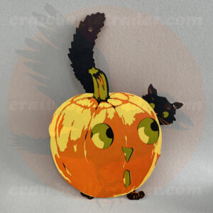 Jack O'Lantern with orange, yellow, green and sneaky black cat peeing over - a Dennison diecut vintage Halloween collectible offered by trade/buy/sell Craw-Bogle Trader collector, a companion site to The Halloween Retrospect archive library.