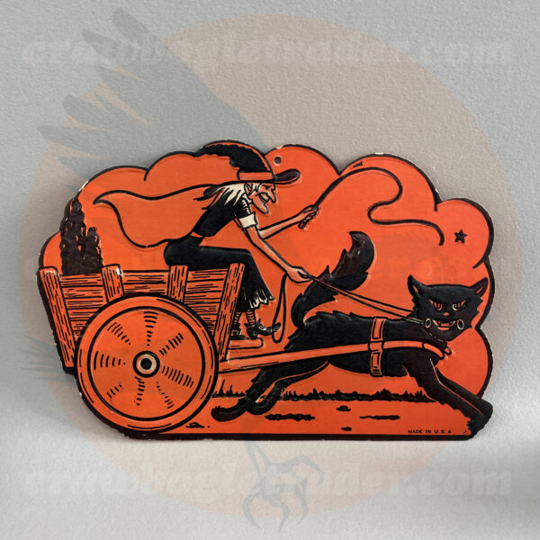 Witch with whip and black cat pulling wagon- a Beistle embossed paper vintage Halloween collectible offered by trade/buy/sell Craw-Bogle Trader collector, a companion site to The Halloween Retrospect archive library.