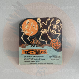 Three skeletons dancing by a fire with a Jack O'Lantern on a full moon night - a Rosen paper candy-holder vintage Halloween collectible offered by trade/buy/sell Craw-Bogle Trader collector, a companion site to The Halloween Retrospect archive library.