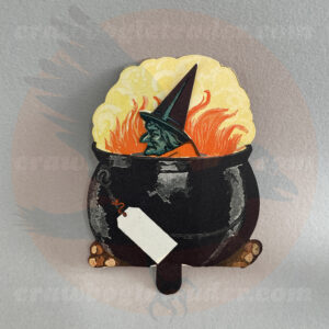 Witch in a cauldron is part of a set of mechanical tally cards - a Dennison paper vintage Halloween collectible offered by trade/buy/sell Craw-Bogle Trader collector, a companion site to The Halloween Retrospect archive library.