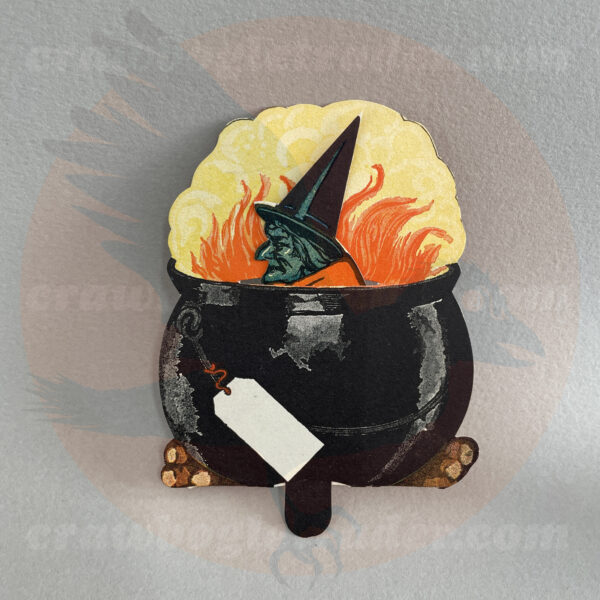 Witch in a cauldron is part of a set of mechanical tally cards - a Dennison paper vintage Halloween collectible offered by trade/buy/sell Craw-Bogle Trader collector, a companion site to The Halloween Retrospect archive library.