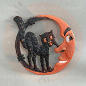 Arched black cat with the man in the moon medallion - a German import of heavy pressed paper diecut from a vintage Halloween collection offered as trade-preferred by Craw-Bogle Trader collector, a companion site to The Halloween Retrospect archive library. (Note buy and sell options may be considered upon contacting the online store).