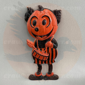 Micky Mouse style musician Jack O'Lantern head drummer - a German pressed paper import diecut from the years of antique-vintage Halloween collectibles. It is up for-trade from Craw-Bogle Trader collector, a companion site to The Halloween Retrospect archive library. (Note that buying and selling of vintage Halloween collectibles may be considered upon contacting website with details).