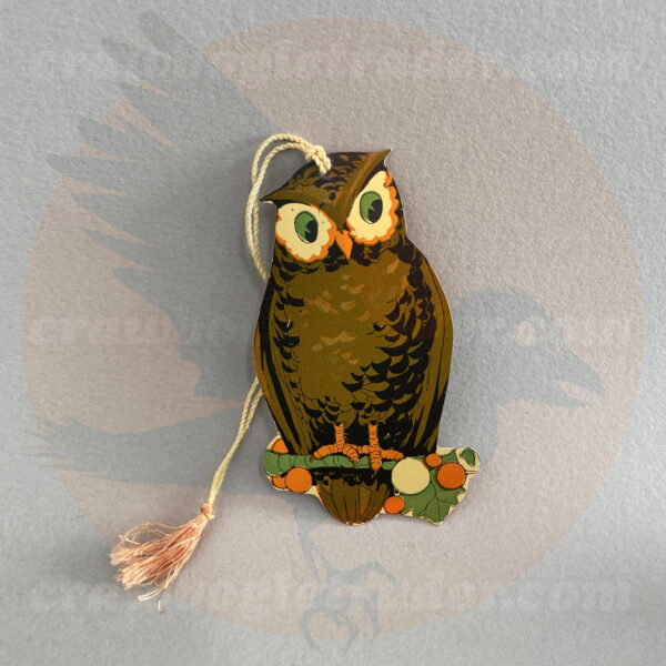 Owl perched on branch in orange, green, and yellow as a tally card - a Hallmark vintage Halloween collectible offered by trade/buy/sell Craw-Bogle Trader collector, a companion site to The Halloween Retrospect archive library.