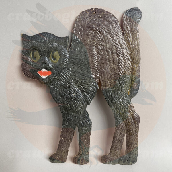 Arched 15-inch black cat, a German import pressed board vintage Halloween collectible that Craw Bogle Trader prefers offer as a trade item from the archive library collection of The Halloween Retrospect.