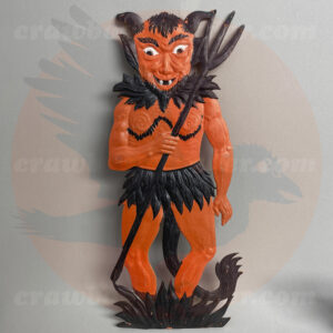 Devil in black flames with pitchfork, a German import pressed board vintage Halloween collectible offered by online trade website Craw-Bogle Trader, a companion site to The Halloween Retrospect archive library collection of antique items.