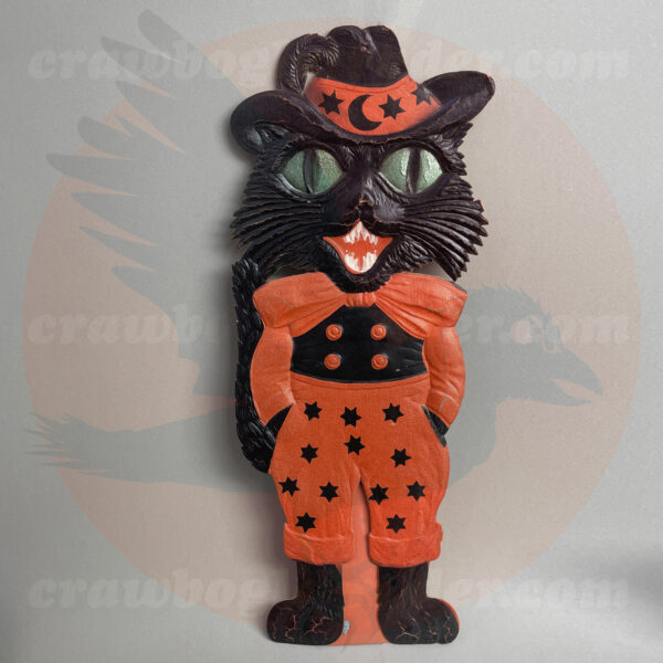 Fancy-dressed black cat in fez, bowtie and starry pantaloons, a German import pressed board vintage Halloween collectible offered for trade (as an alternative to buy and sell) from Craw-Bogle Trader collection, a companion site to The Halloween Retrospect archive library.