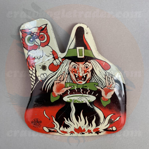 US Metal Toy ratchet noisemaker with witch at cauldron and owl on her shoulder - offered by trade/buy/sell Craw-Bogle Trader collector, a companion site to The Halloween Retrospect archive library.