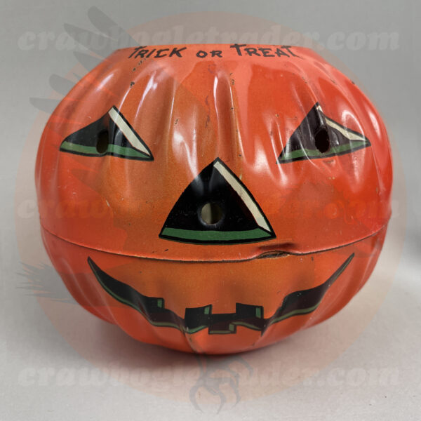 US Metal Toy Trick or Treat jack o'lantern candy bucket with owl and bats under a full moon on the back - offered by trade/buy/sell Craw-Bogle Trader collector, a companion site to The Halloween Retrospect archive library.