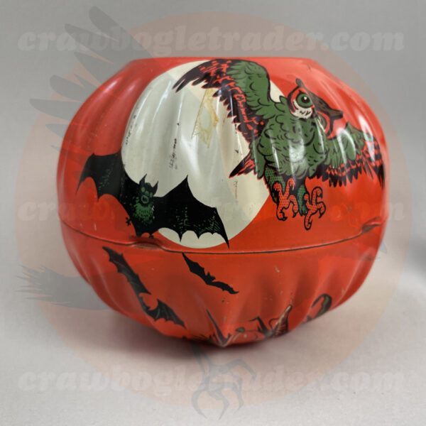 US Metal Toy Trick or Treat jack o'lantern candy bucket with owl and bats under a full moon on the back - offered by trade/buy/sell Craw-Bogle Trader collector, a companion site to The Halloween Retrospect archive library.