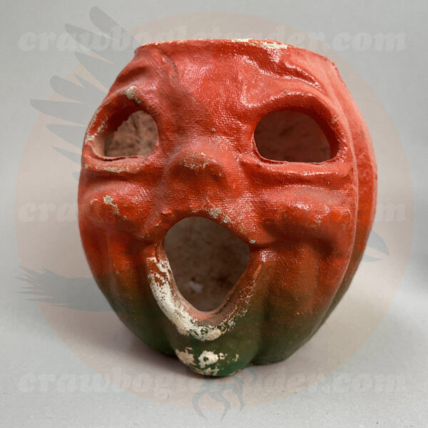 Paper pulp jack o'lantern green and orange candy holder from mid-century no insert - a vintage Halloween collectible offered by trade/buy/sell Craw-Bogle Trader collector, a companion site to The Halloween Retrospect archive library.