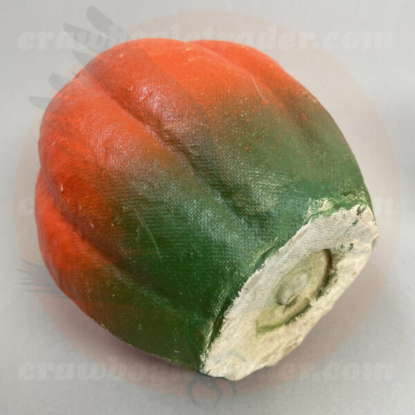 Bottom view - Paper pulp jack o'lantern green and orange candy holder from mid-century no insert - a vintage Halloween collectible offered by trade/buy/sell Craw-Bogle Trader collector, a companion site to The Halloween Retrospect archive library.