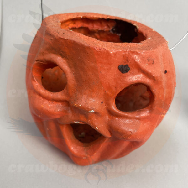 Paper pulp jack o'lantern candy holder from mid-century no insert - a vintage Halloween collectible offered by trade/buy/sell Craw-Bogle Trader collector, a companion site to The Halloween Retrospect archive library.