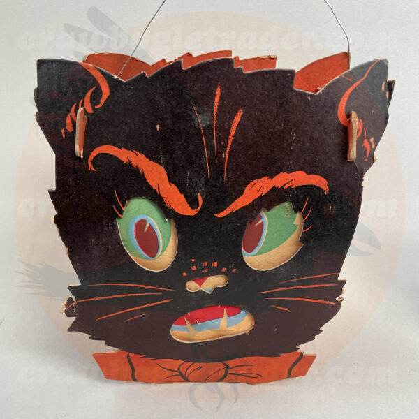 Double-face happy and angry black cat lantern with orange highlights - a diecut paper vintage Halloween collectible offered by trade/buy/sell Craw-Bogle Trader collector, a companion site to The Halloween Retrospect archive library.