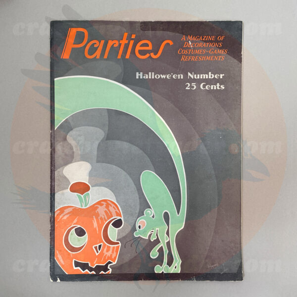 Front cover - Dennison 1930 Parties Halloween Number magazine, an original paperback vintage Halloween collectibles guidebook with green amorphous cat next to jack o'lantern - offered by trade/buy/sell Craw-Bogle Trader collector, a companion site to The Halloween Retrospect archive library.