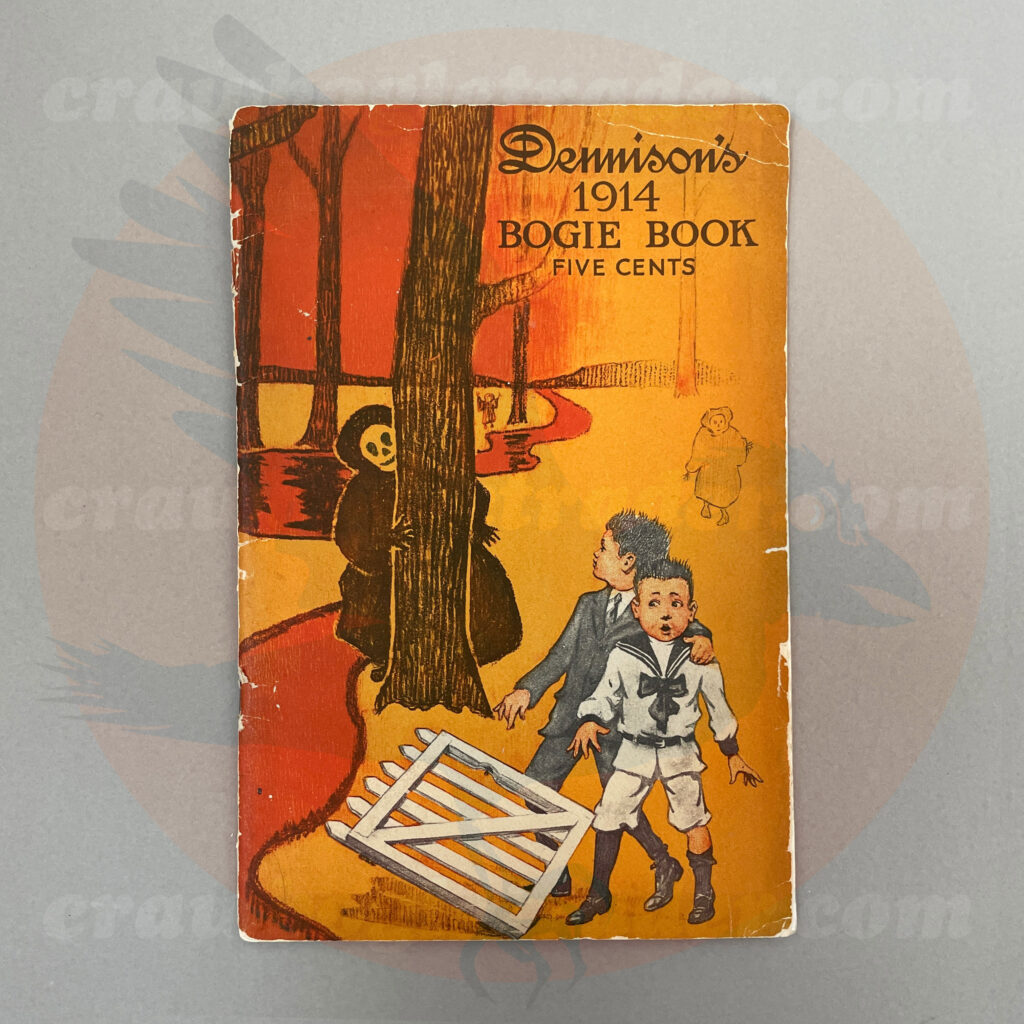 Dennison 1914 Bogie Book original paperback vintage Halloween collectibles guidebook with boys with prank gate and ghosts in the forest - offered by trade/buy/sell Craw-Bogle Trader collector, a companion site to The Halloween Retrospect archive library.