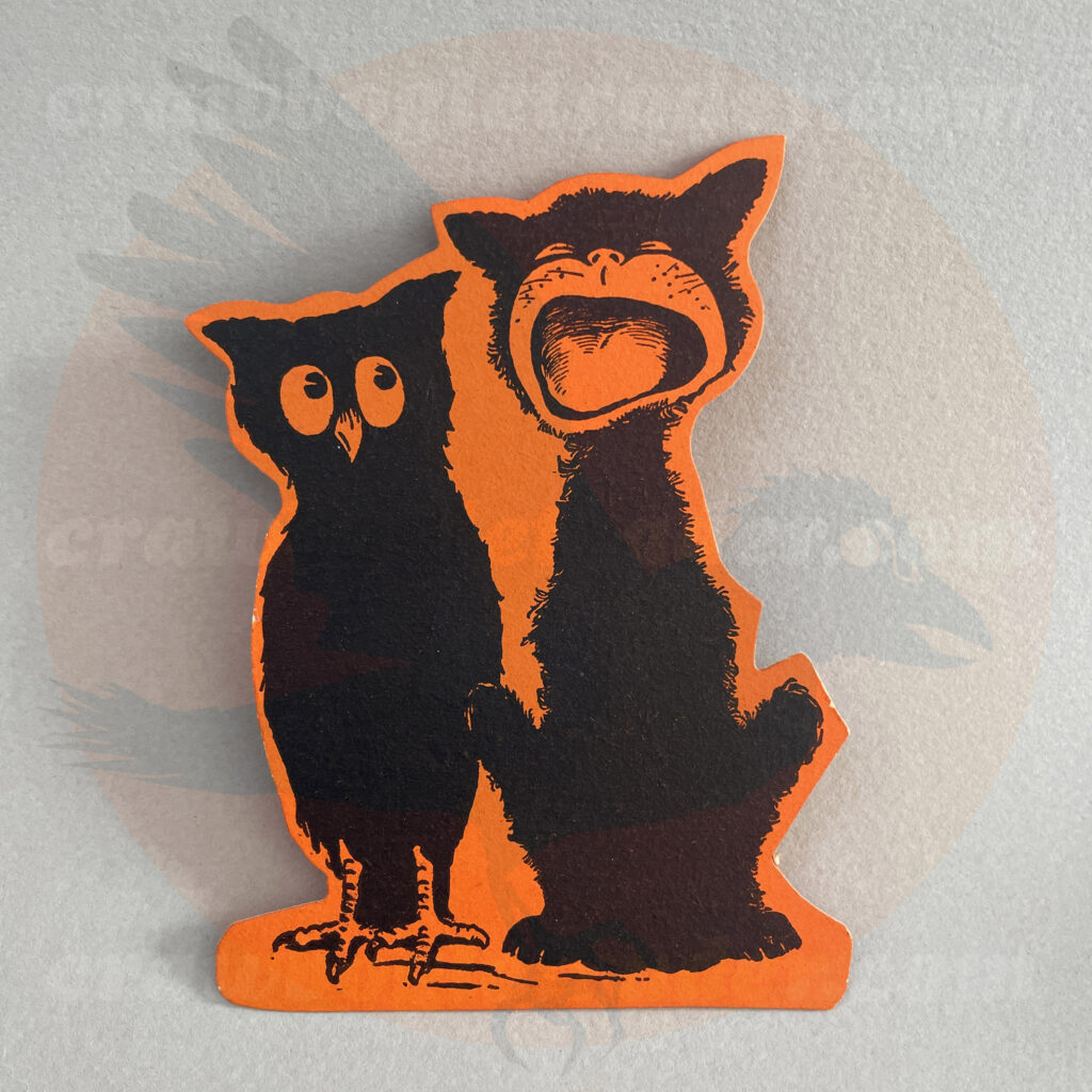 Singing black cat next to funny-faced owl - a diecut paper vintage Halloween collectible offered by trade/buy/sell Craw-Bogle Trader collector, a companion site to The Halloween Retrospect archive library.