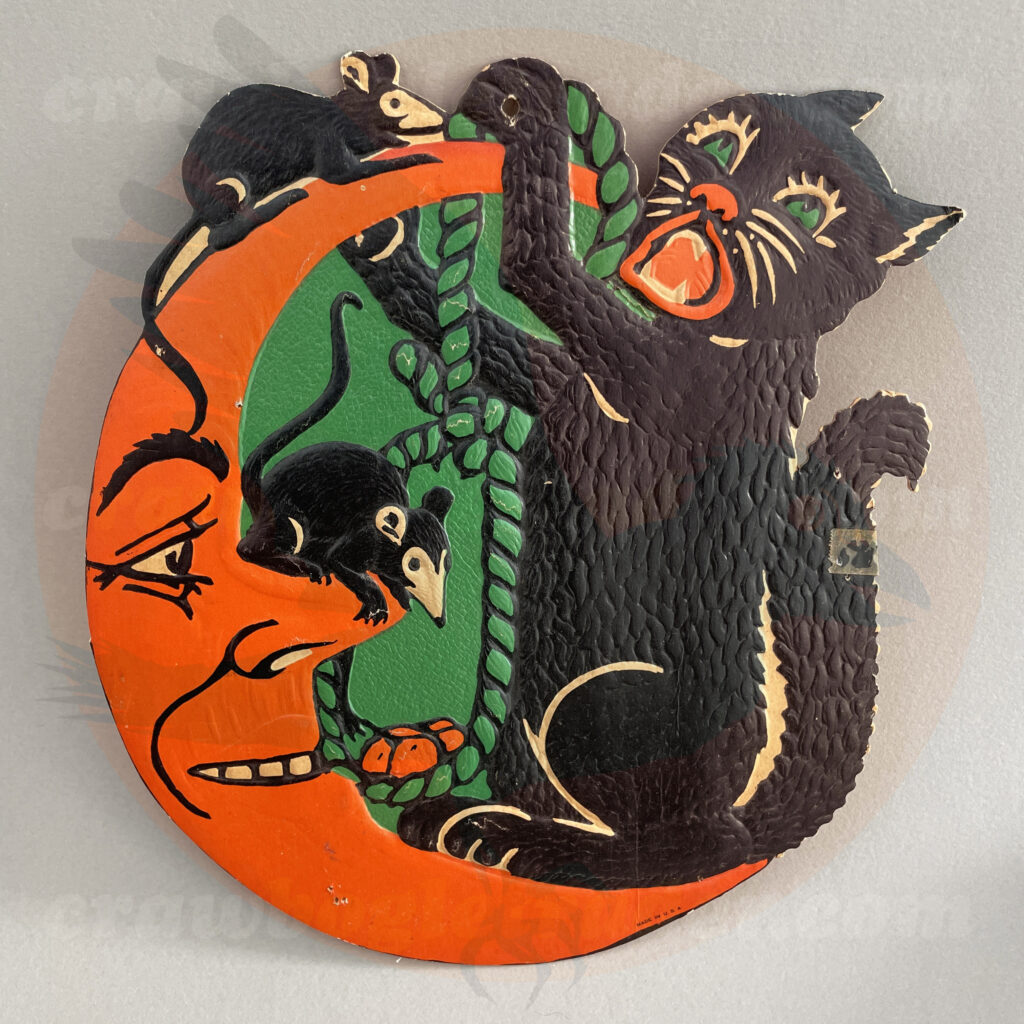 Black cat singing on man in the moon with a rope and cheese to trap black mice - a Beistle embossed diecut paper vintage Halloween collectible offered by trade/buy/sell Craw-Bogle Trader collector, a companion site to The Halloween Retrospect archive library.