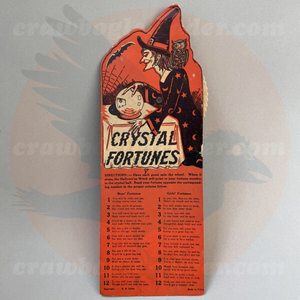 Mid-century crystal fortunes game with witch, owl, and bat is a Halloween collectible diecut by Beistle - a interactive spinning wheel created for Halloween party games, this is one of many Halloween collection items up for-trade from Craw-Bogle Trader (and other options for buying and selling may be considered upon contacting the online store).