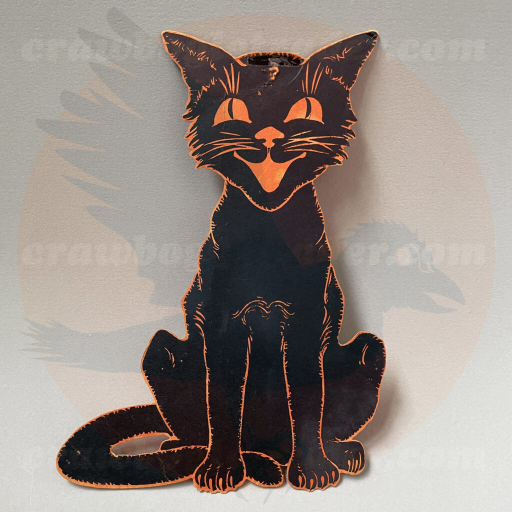 One of various sizes of a classic vintage Halloween Gibson collectibles decoration of sitting smiling black cat printed black on orange cardstock - and just one of numerous items from the collection of Craw Bogle Trader up for trader (with consideration of buy and sell options also available under certain circumstances). Please contact us.