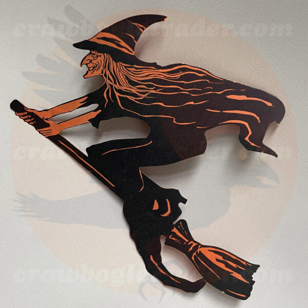 Front side - One of various sizes of a classic vintage Halloween Gibson collectibles decoration of witch flying on broom printed black on orange paper - and just one of numerous ephemera items from the collection of Craw Bogle Trader up for trader (with consideration of buy and sell options also available under certain circumstances). Please contact us.