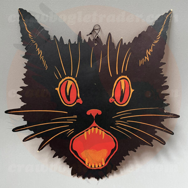 Famous screaming black cat face, a classic vintage Halloween collectible paper ephemera item by Dennison printed black and red on orange stock - an item available for trade from Craw Bogle Trader (which will also consider buying and selling options of collections upon further contact).