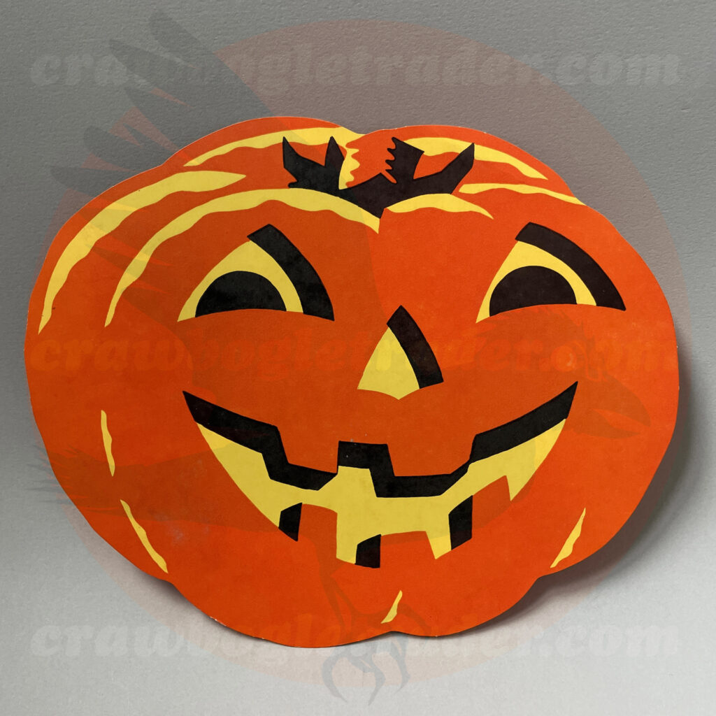 Traditional jack o'lantern face, a classic vintage Halloween collectible paper ephemera item by Dennison (from a set of different designs) printed black and orange on yellow stock - an item available for trade from Craw Bogle Trader (which will also consider buying and selling options of collections upon further contact).