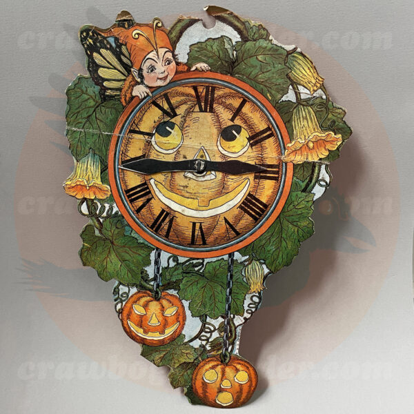 Biestle classic elf fairy clock with interactive hands on the face of the jack-o-lantern-clock surrounding by pumpkin vines and blooms - is an early-20th-century wall decoration diecut which is now a vintage Halloween collectible, and is available as a for-trade item from Craw-Bogle Trader (which may also consider the buying and selling of collections upon contacting us for further details).