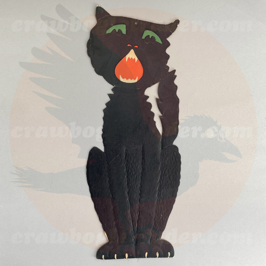 Second example of classic mid-century modern howling black cat is great example of Beistle Americana vintage Halloween collectible and is available from Craw Bogle Trader as a for-trade decoration (and noting that buying and selling of vintage Halloween collections may be considered by contacting the website with more information).