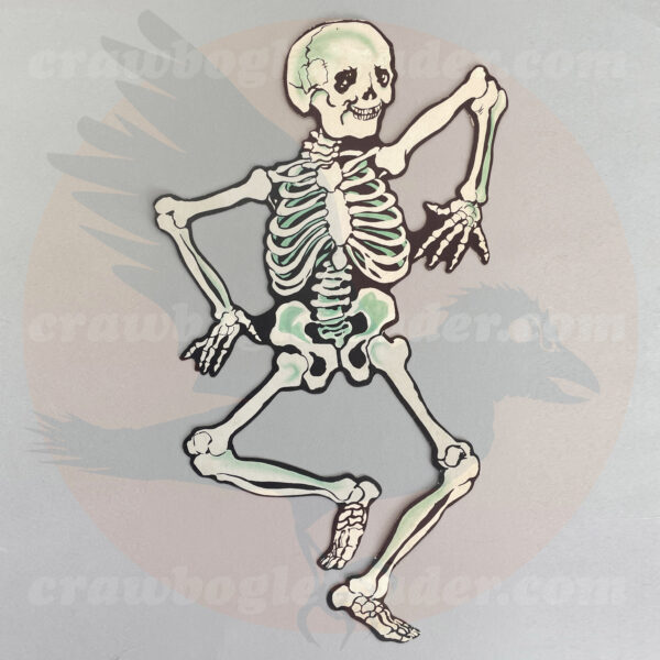 Vintage Dennison dancing skeleton (Disney style) with green highlights from mid-century vintage Halloween collection of Craw Bogle Trader offering items for trade (as well as consideration for offers of buying and selling upon contact).