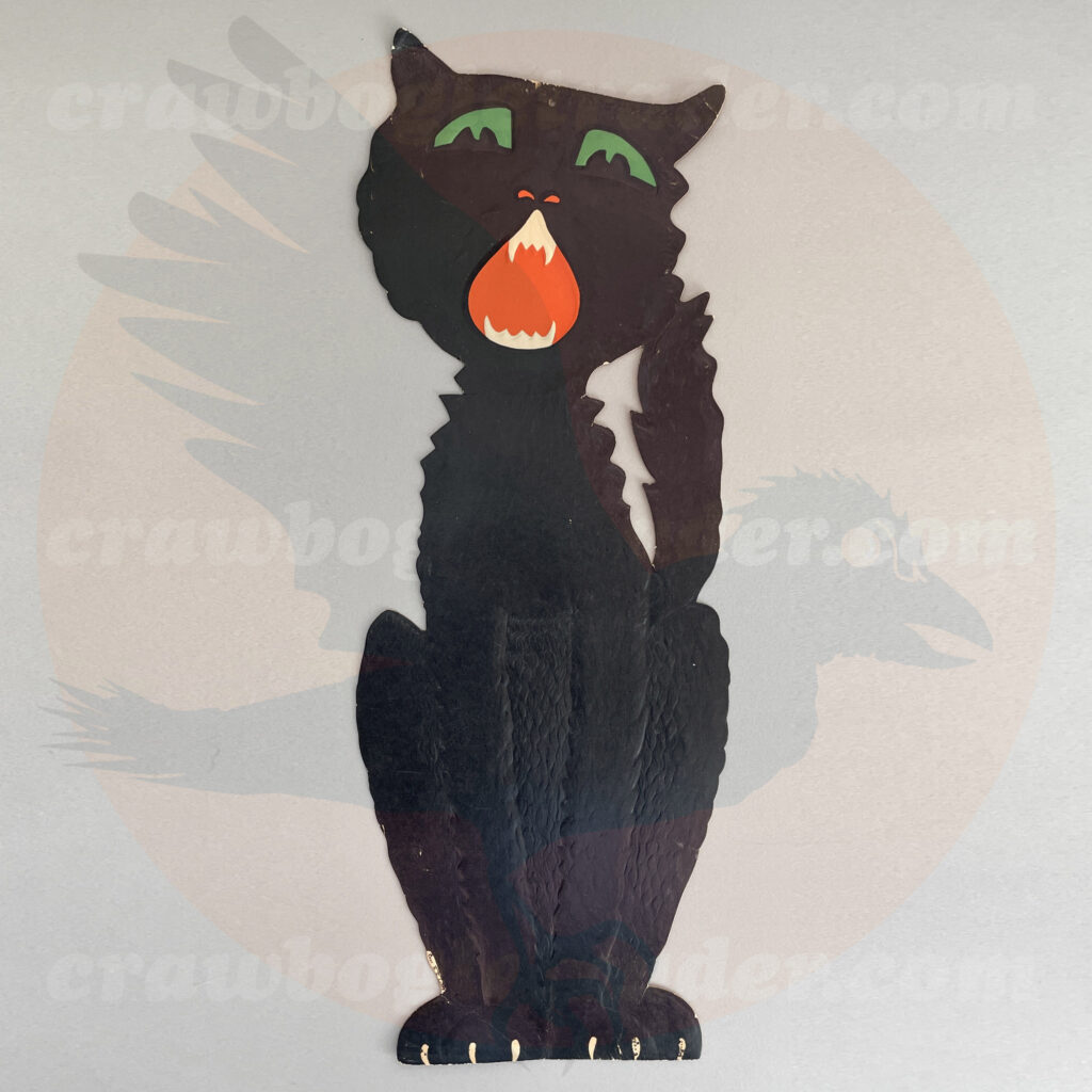 First classic mid-century modern howling black cat is great example of Beistle Americana vintage Halloween collectible and is available from Craw Bogle Trader as a for-trade decoration (and noting that buying and selling of vintage Halloween collections may be considered by contacting the website with more information).