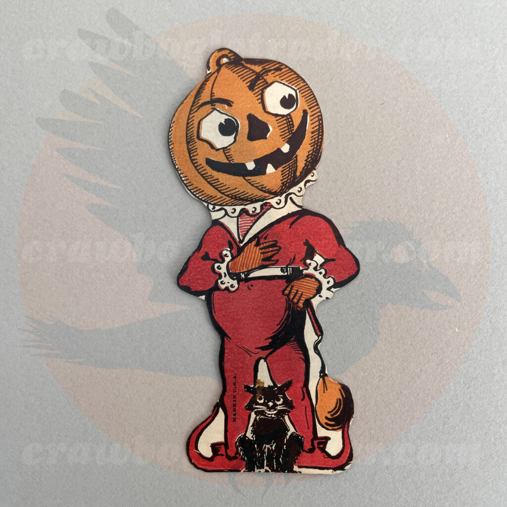 Classic Biestle five-inch tall vintage Halloween diecut decor character Johnny-Pumpkin in red royalty suit with white frills and pointy shoes with black cat at feet - just one of many collectibles available for trade from Craw Bogle Trader (noting that buying and selling of antique and vintage items are considered with more information upon contacting the online store).