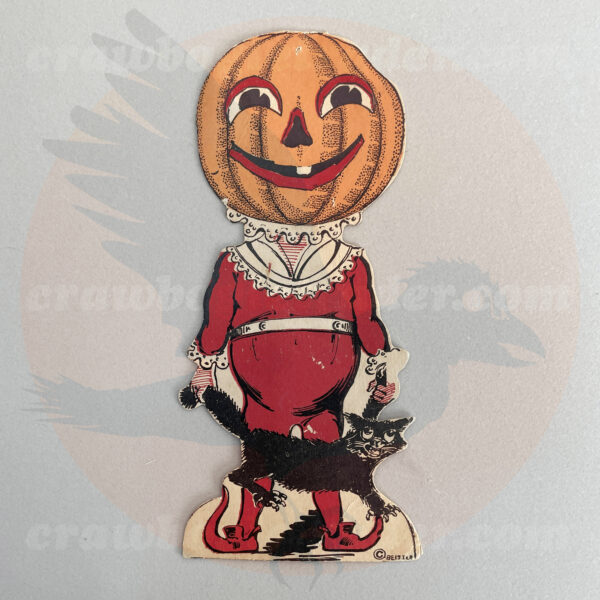 Second exampe of classic Biestle 8-inch tall vintage Halloween diecut decoration features Johnny-Pumpkin in red pajama-like suite with white frills and pointy shoes holding a black cat by its arms - just one of many collectibles available for trade from Craw Bogle Trader (noting that buying and selling of antique and vintage items are considered with more information upon contacting the online store).