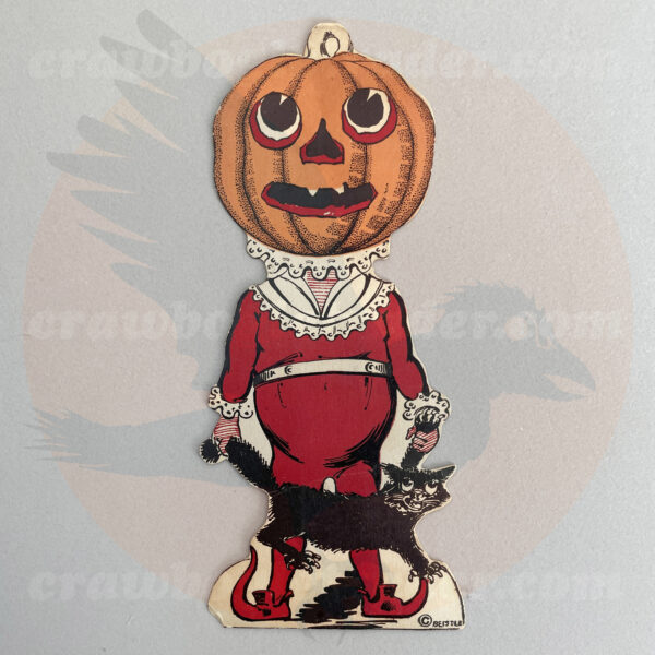 First one of classic Biestle 8-inch tall vintage Halloween diecut decoration features Johnny-Pumpkin in red pajama-like suite with white frills and pointy shoes holding a black cat by its arms - just one of many collectibles available for trade from Craw Bogle Trader (noting that buying and selling of antique and vintage items are considered with more information upon contacting the online store).