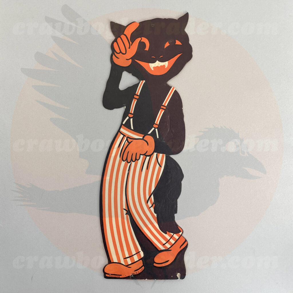 Second vintage Halloween winking hep-cat with black fur in striped suspenders and orange gloves comes from a classic Beistle Americana decoration set of musicians measuring 20-inch height which is for-trade basis from Craw Bogle Trader (noting also that buy and sell options of vintage Halloween collectibles are considered upon contacting online shop with further details).