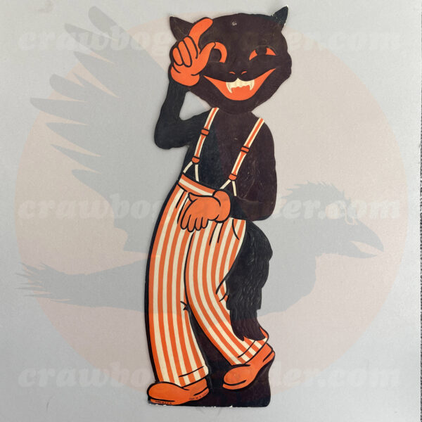 First vintage Halloween winking hep-cat with black fur in striped suspenders and orange gloves comes from a classic Beistle Americana decoration set of musicians measuring 20-inch height which is for-trade basis from Craw Bogle Trader (noting also that buy and sell options of vintage Halloween collectibles are considered upon contacting online shop with further details).