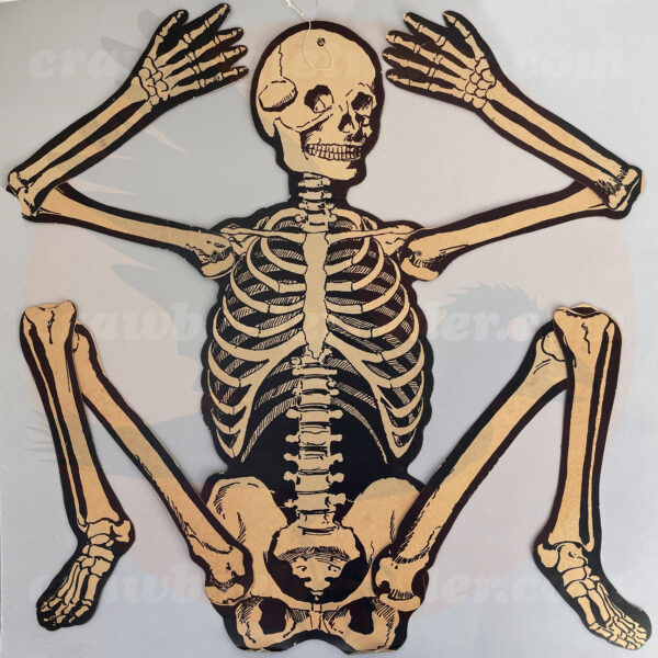 Vintage Halloween collectible paper skeleton diecut is a classic 20-inch large decoration item for collectors and is available for-trade from Craw Bogle Trader (noting that buying and selling options are available upon review and request of an antique and/or vintage collection item).