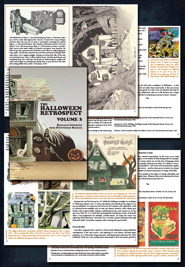 Volume 3 reference guidebook about vintage Halloween collectibles shown here with a page sample provides information by way of archive and library research - featuring haunted houses, Hallmark, retro vinly, and catalog terminology. 