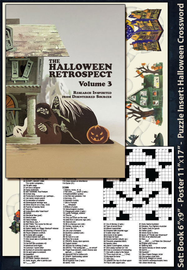 New guidebook reference for vintage Halloween collectors, the 3rd volume in these ongoing editions studies haunted house ephemera particularly Hallmark but has fun with a Halloween-theme crossword.