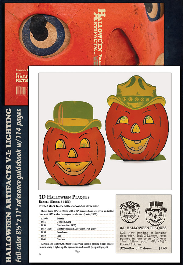 New reference book for vintage Halloween collectors is a guide to antique and vintage lighting such as lanterns, shades, and luminescent inks - with each described with timelines and catalog/newspaper clippings from vintage primary sources - Halloween Artifacts, Volume 1.(Research by The Halloween Retrospect, archive library).