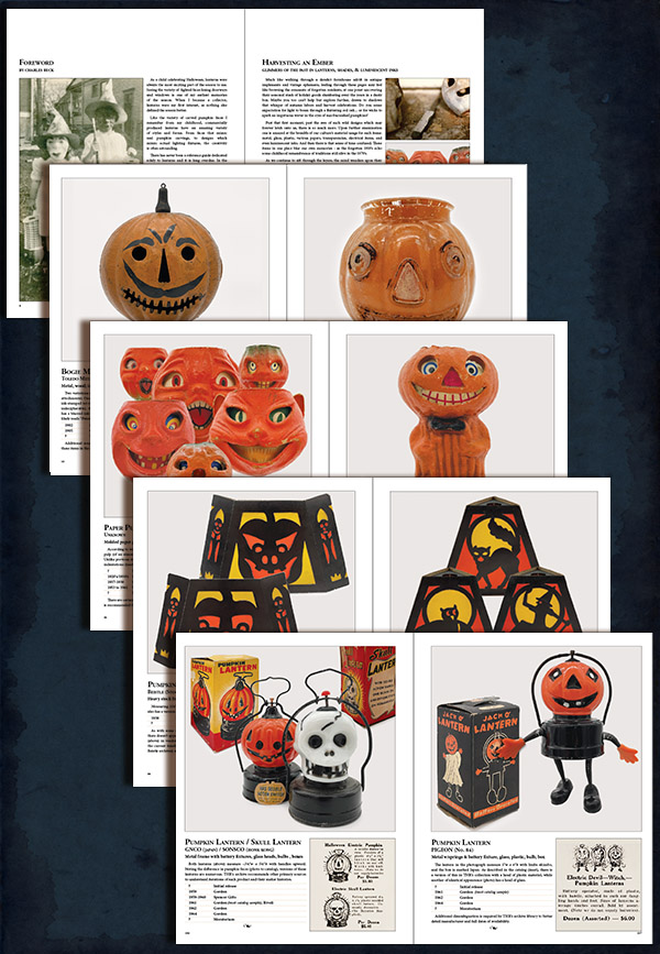 Multiple page sample of new guide reference for vintage Halloween collectibles shows the art-book style of Halloween Artifacts with each collectible getting a large photograph, a description with timeline, and a clipping of catalog or newspaper. (Research by The Halloween Retrospect archive library).