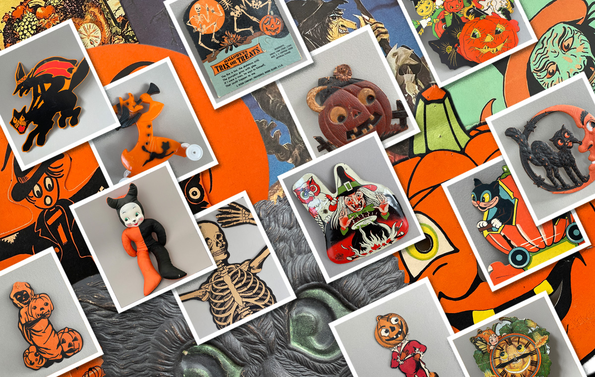 Colorful autumn collage of vintage Halloween collectibles (witches, pumpkins, black cats, more) are just some antique items (Beistle, Gibson, Dennison, Rosen, more) on the new online trader Craw Bogle Trader (and contact for buy or sell options) of your collection of German diecuts, noisemakers, candy containers, etc. in plastic, paper, metal.