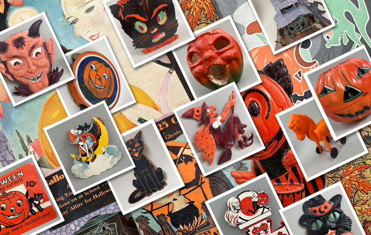 Online gallery of vintage Halloween collectibles from Craw-Bogle Trader collection featuring diecuts, decorations, noisemakers, books by Beistle, Dennison, Gibson, Rosen and more from the archive collection of THR collector of autumn kitsch made from paper, plastic, metal, and more.